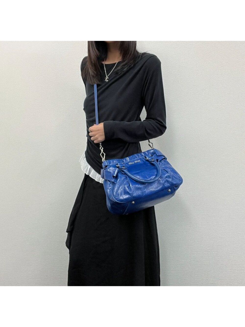 Miu Miu Logo Side Ribbon Gather 2-Way Shoulder Bag Leather Blue Vintage